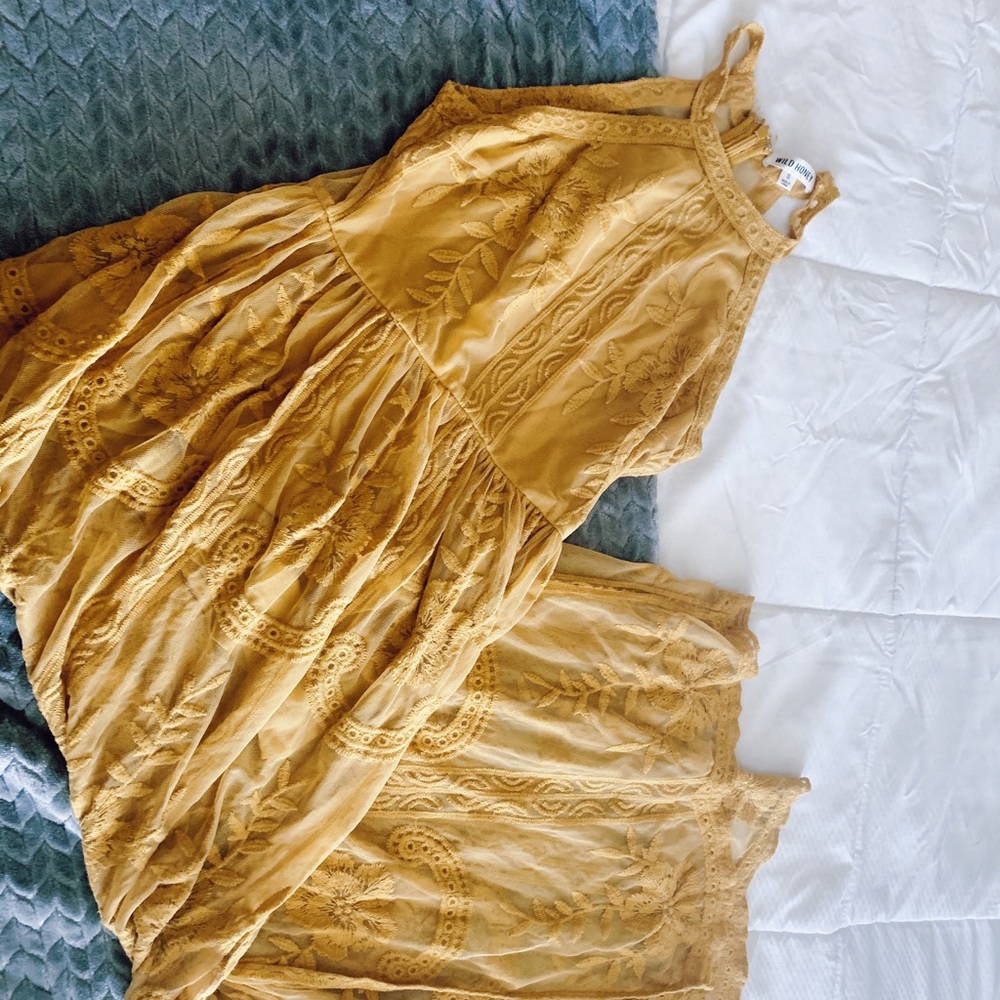 Yellow Lace mustard halter dress.